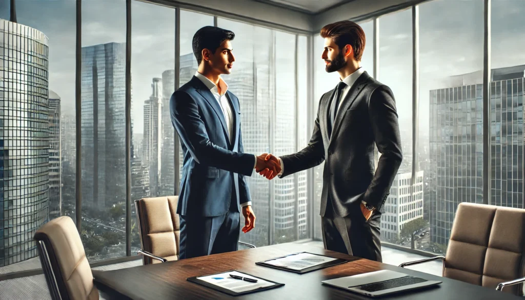 A realistic image of two Indian businessmen shaking hands in a modern corporate office setting, symbolizing the merger of their companies.