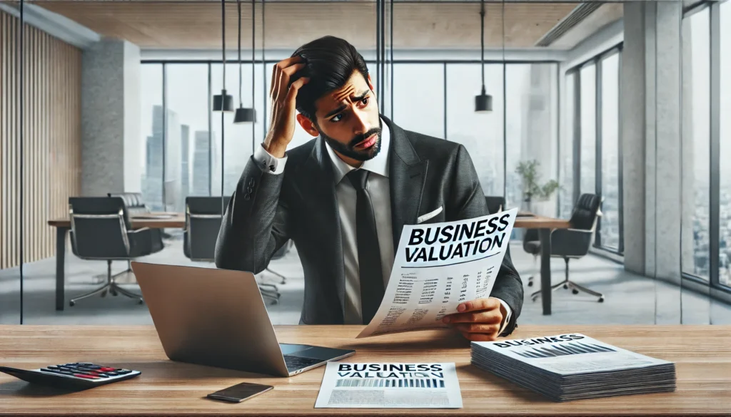 A realistic image of an Indian businessman looking confused while reviewing business valuation documents in a modern office setting.