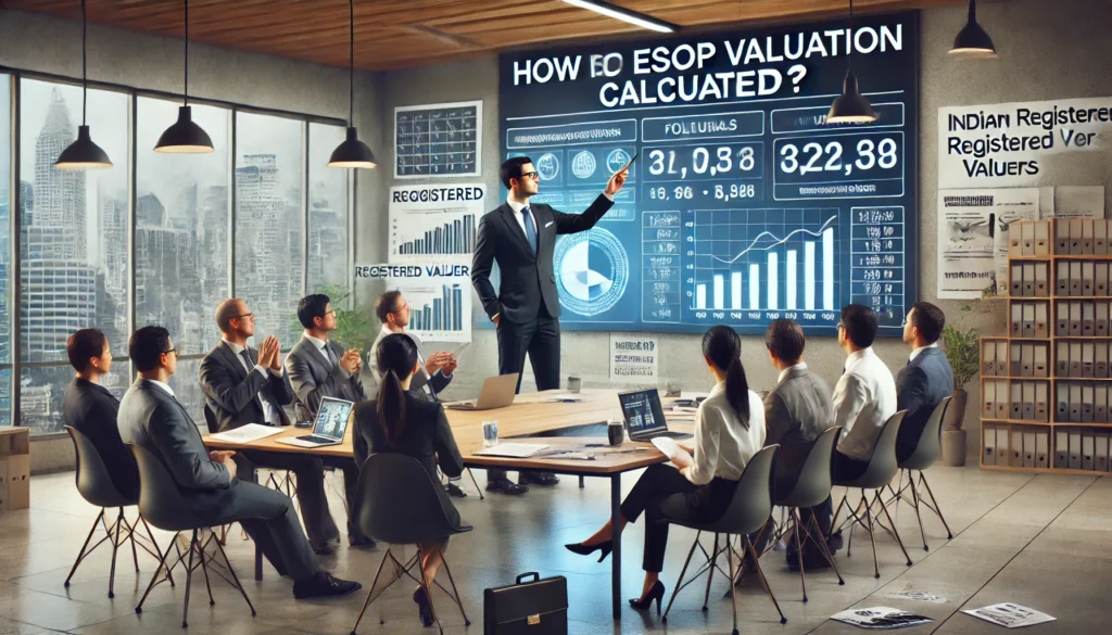 A realistic image of an Indian Registered Valuer in a professional office setting, explaining 'How Is ESOP Valuation Calculated' to a small group of professionals.