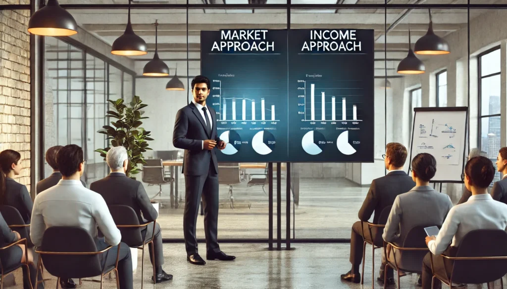 A realistic image of an Indian businessman in a modern office setting, giving a presentation on two equity valuation methods 'Market Approach' and 'Income Approach'.