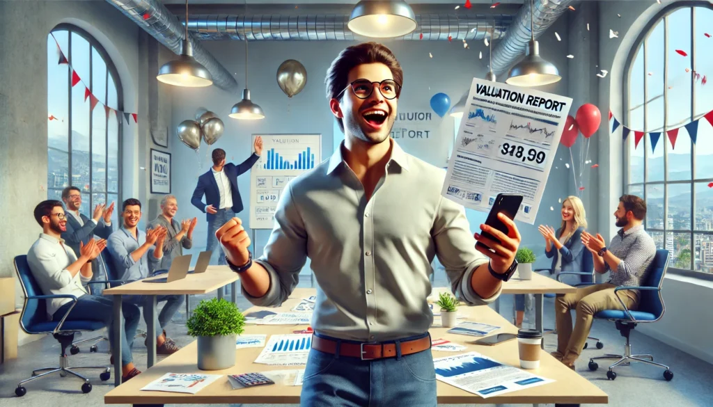 A realistic image of an Indian startup founder celebrating after receiving funding, holding a valuation report in one hand that clearly shows the word 'Valuation' in bold letters.