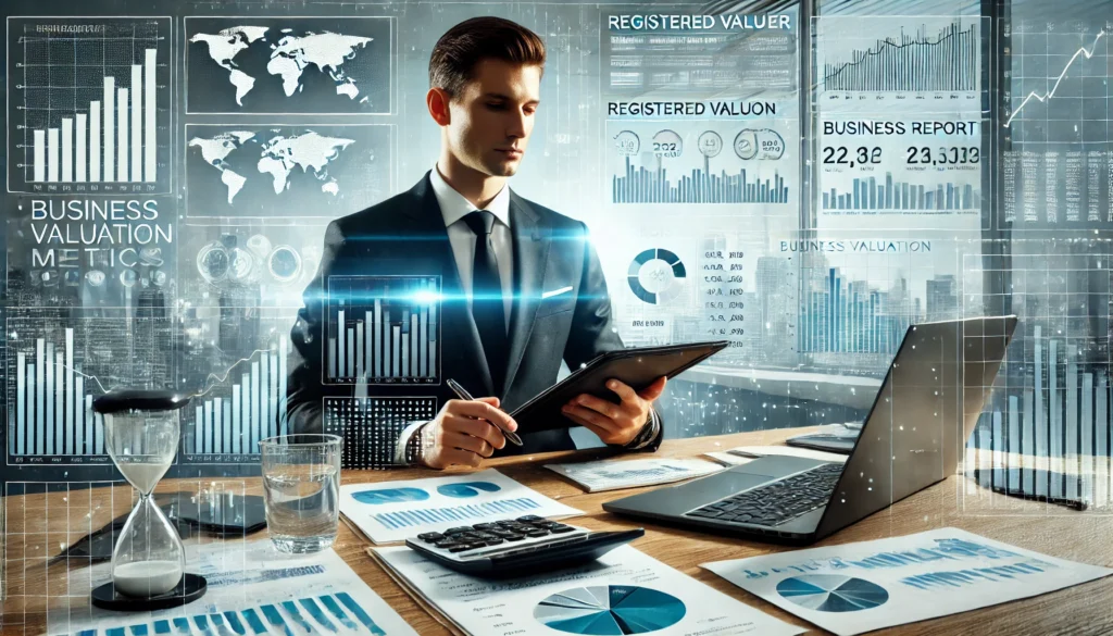 A professional office setting showing a registered valuer analyzing financial documents and using a laptop with charts, graphs, and valuation reports.