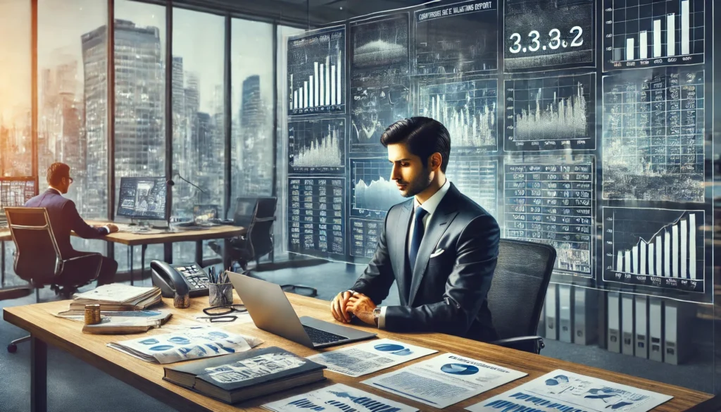 A realistic image of an Indian merchant banker sitting at a desk in a modern office, preparing a detailed Merchant Banker valuation report for shares.