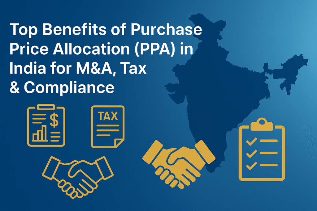 Icons of finance, tax, compliance, and handshake over India map illustrating Purchase Price Allocation (PPA) benefits for mergers, acquisitions, and tax planning