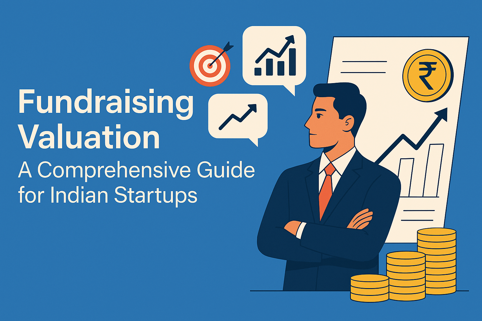 Professional Indian businessman in a suit analyzing fundraising valuation data with rupee symbols, financial charts, and growth icons.