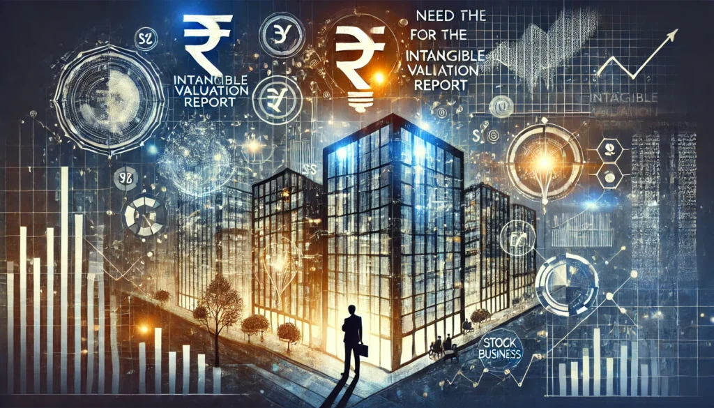 Abstract digital representation of intangible assets like patents, trademarks, and data streams overlaying Indian business symbols such as a Rupee symbol and stock chart. A futuristic cityscape and corporate colors (navy, gold, white) convey innovation and valuation strategy.