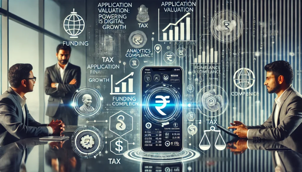 A digital business environment featuring a glowing tablet with financial dashboards and holographic icons for funding, tax, compliance, and growth. An Indian startup founder discusses strategy with an investor in a modern, high-tech office.