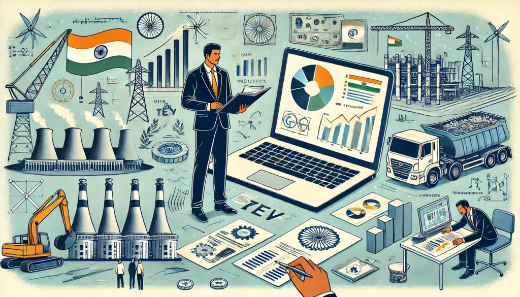 Illustration of a TEV Consultant analyzing project data with charts, construction sites, and Indian infrastructure elements in the background.