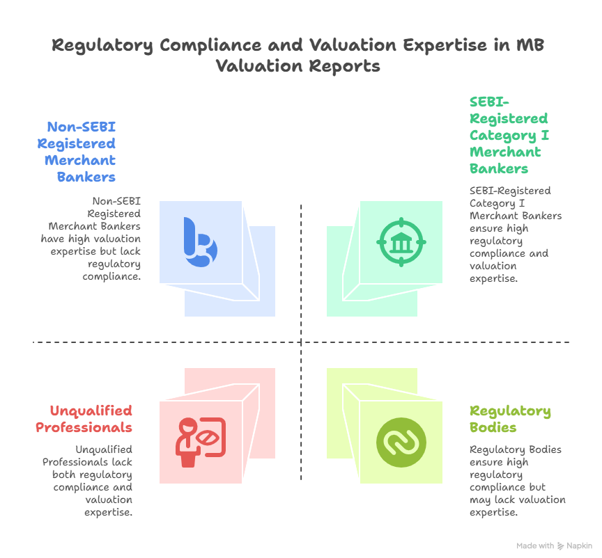 "Matrix chart showing regulatory compliance and valuation expertise in MB Valuation Reports with Non-SEBI Registered Merchant Bankers, SEBI-Registered Category I Merchant Bankers, Regulatory Bodies, and Unqualified Professionals."