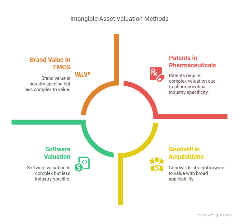 "Infographic showing four types of intangible asset valuation methods: Brand Value in FMCG, Patents in Pharmaceuticals, Software Valuation, and Goodwill in Acquisitions, each with brief insights and industry context."