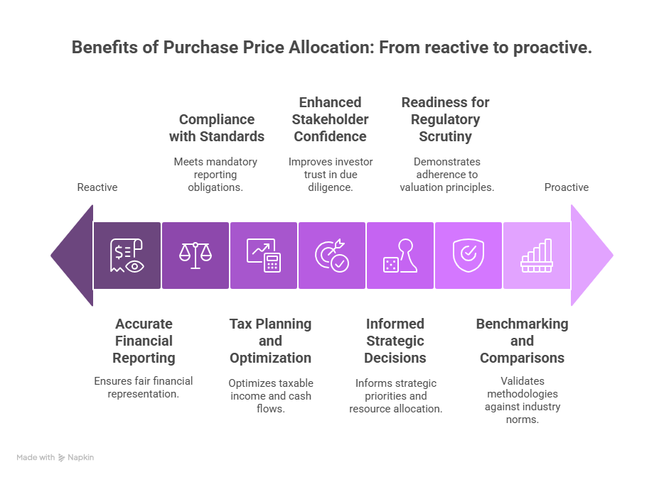 Infographic illustrating the seven key benefits of Purchase Price Allocation (PPA), ranging from accurate financial reporting to benchmarking and regulatory readiness, moving from reactive to proactive stages