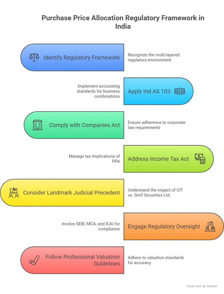 Flowchart showing key regulatory elements for Purchase Price Allocation (PPA) in India including Ind AS 103, Companies Act, Income Tax Act, judicial precedent, regulatory oversight, and valuation guidelines