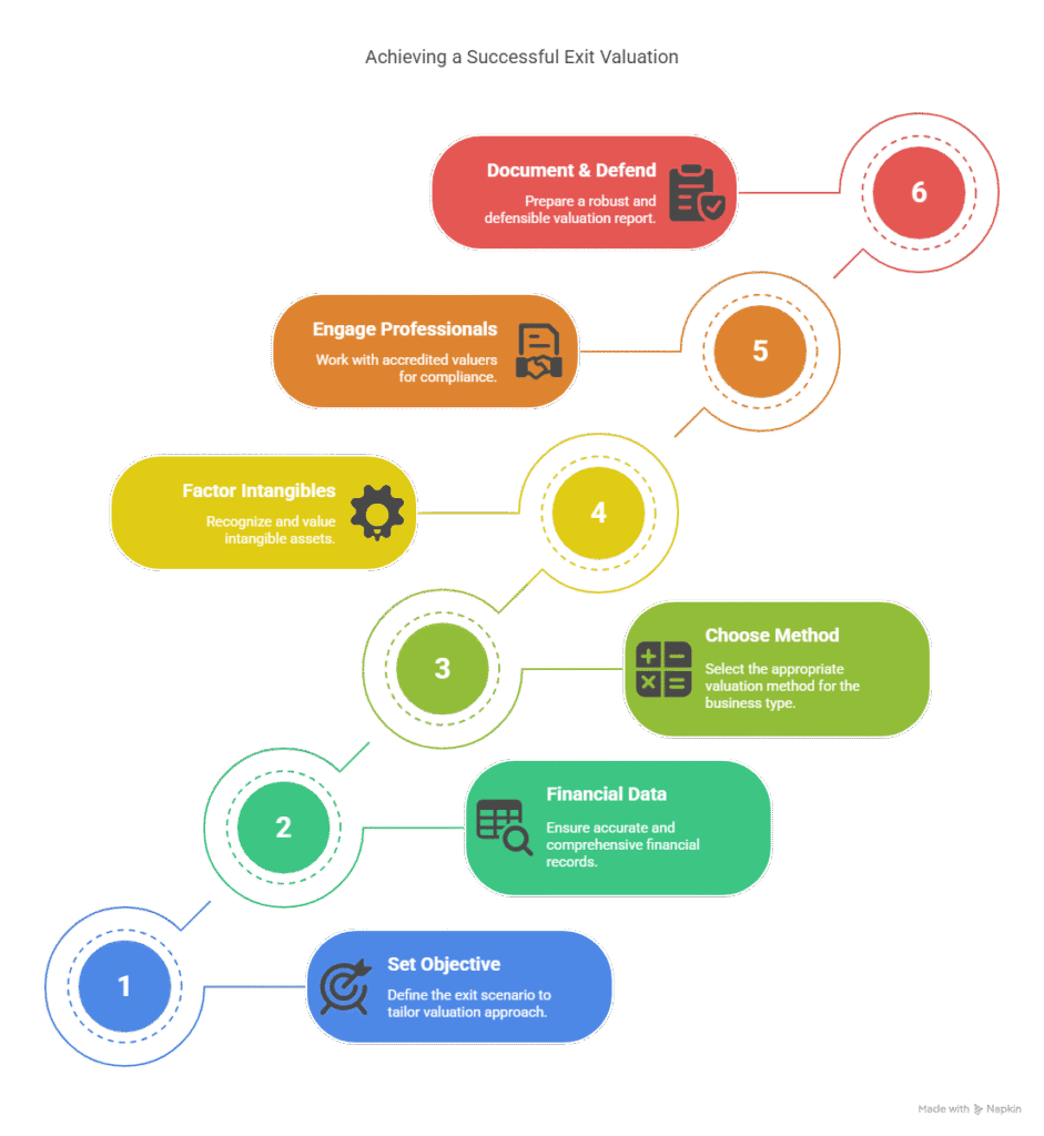 Step-by-step infographic showing six key stages to achieve a successful business exit valuation, including setting objectives, financial data review, choosing valuation methods, factoring intangibles, engaging professionals, and documenting the report.