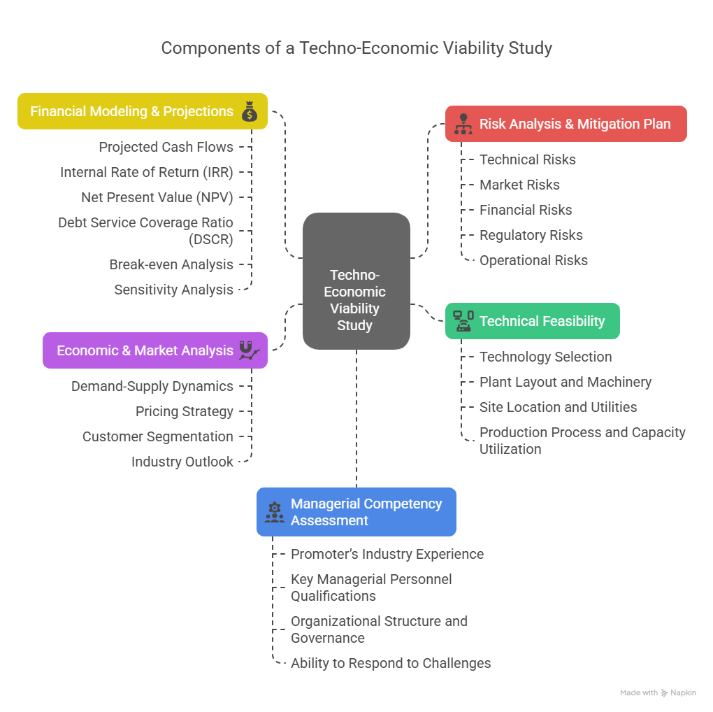 Infographic showing the five core components of a Techno-Economic Viability (TEV) Study: Financial Modeling, Economic & Market Analysis, Technical Feasibility, Risk Analysis, and Managerial Competency Assessment.
