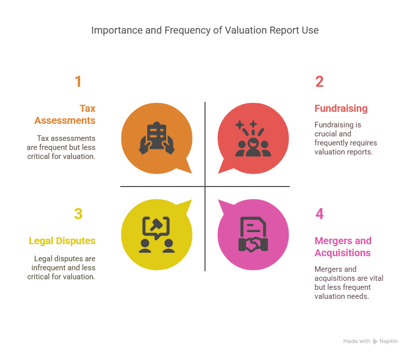 Infographic showing four scenarios where valuation reports are used: tax assessments, fundraising, legal disputes, and mergers & acquisitions. Each scenario is color-coded and categorized by its frequency and importance to business valuation.